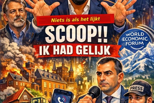 Cartoon van Jonathan Krispijn tijdens zijn Nationale Agendashow, omringd door politieke figuren, media-symbolen, BBB-elementen en verwijzingen naar Davos en het World Economic Forum, met de tekst “Scoop!! Ik had gelijk”.