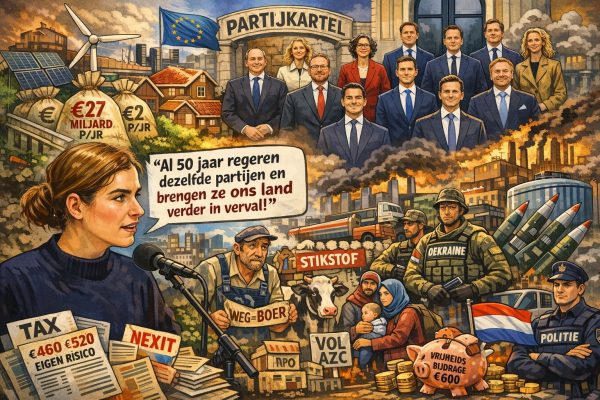 Cartoonachtige illustratie van een politica die spreekt in de Tweede Kamer, met op de achtergrond een groep regeringsleden onder het woord “Partijkartel” en daaromheen symbolen van migratie, stikstof, belastingen, klimaatbeleid, Oekraïne, politie en woningnood.