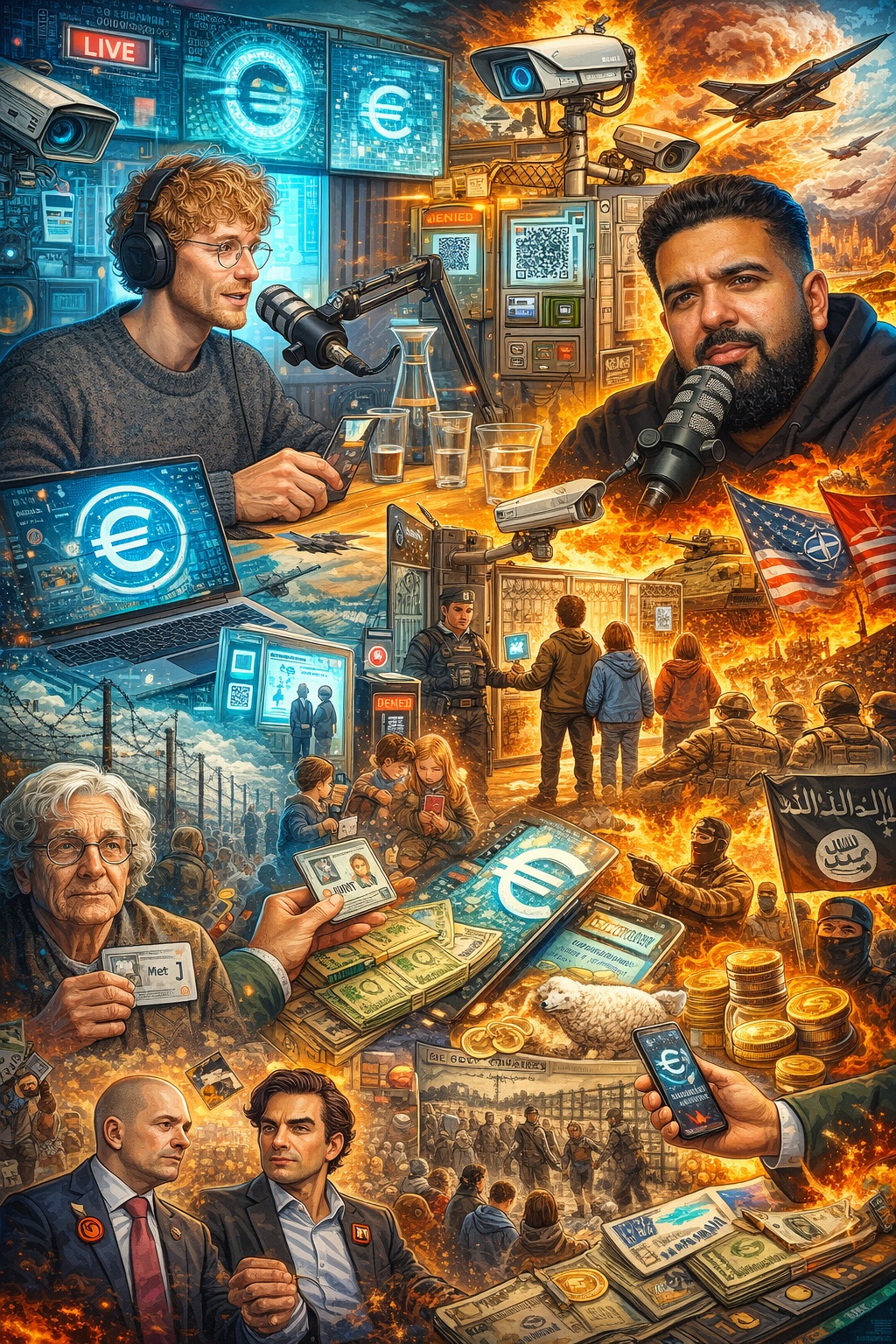 Kleurrijke, fotoachtige cartoonillustratie van een podcastgesprek tussen Brainwave en Krispijnpunt, omgeven door symbolische scènes over digitale euro, surveillance, geopolitieke spanningen, technologie, identiteit, protest en maatschappelijke verandering.