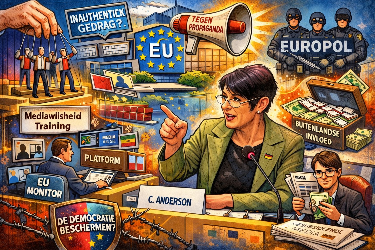 Cartoonachtige illustratie van Europarlementariër Christine Anderson tijdens een toespraak, omringd door symbolen van EU-beleid, media, narratiefsturing, buitenlandse invloed en democratische controle.