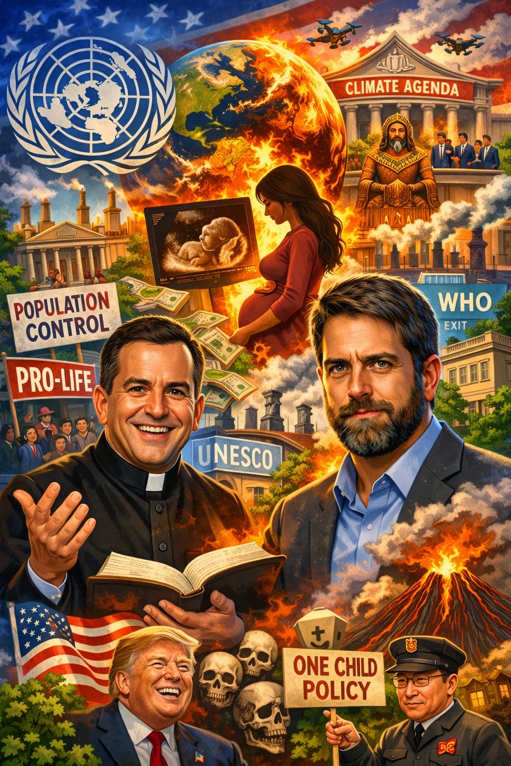 Fotoachtige cartoon waarin klimaatpolitiek, bevolkingsbeleid en abortus worden verbeeld met symbolen zoals een brandende aarde, VN-logo, een zwangere vrouw met echo, protestborden en internationale leiders.