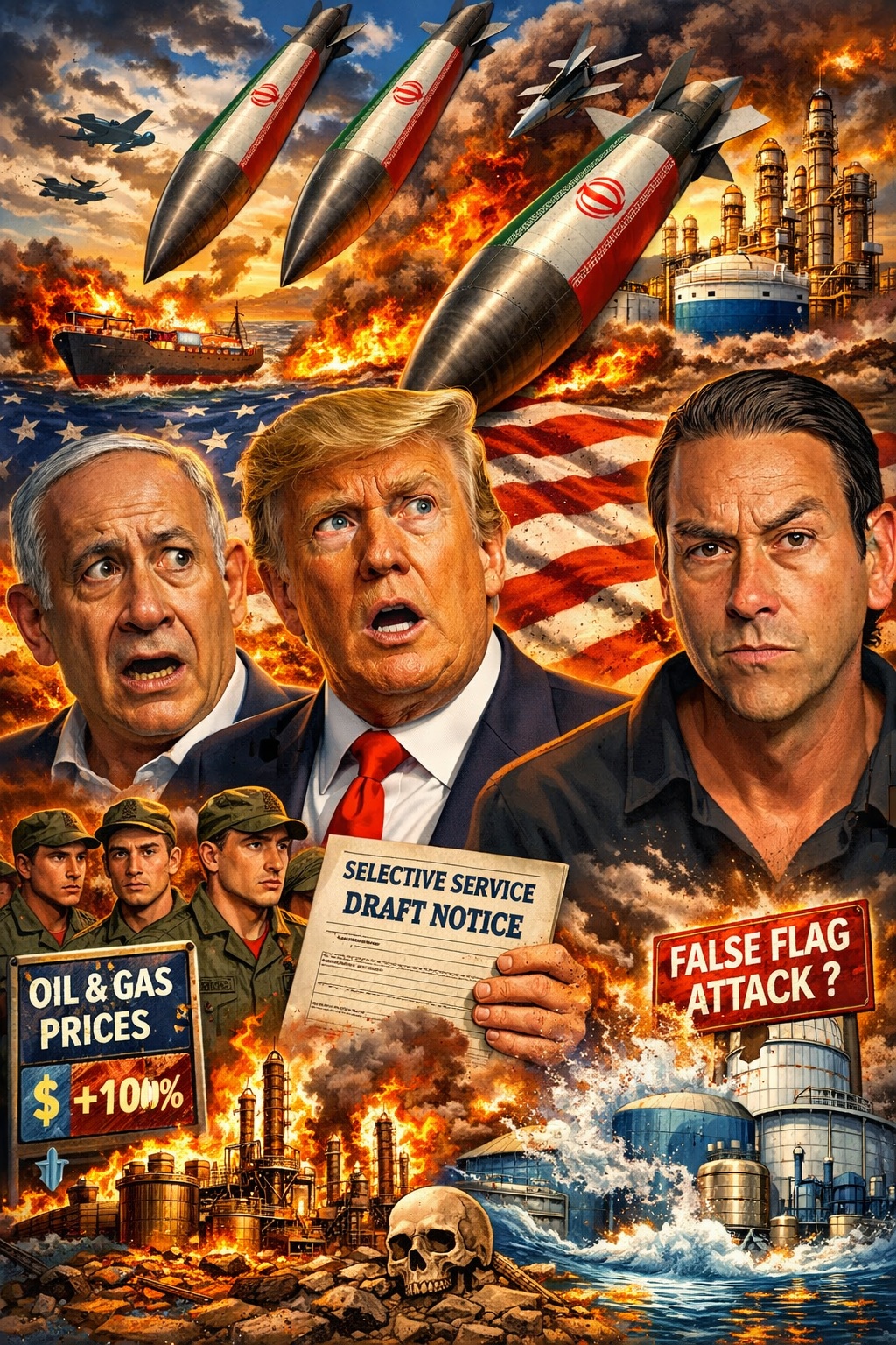 Fotoachtige politieke cartoon met Donald Trump, Benjamin Netanyahu en Clayton Morris op de voorgrond, terwijl raketten met Iraanse vlag boven brandende olie-installaties en een Amerikaanse vlag vliegen. Onderaan staan soldaten met een “Selective Service Draft Notice”, een bord over stijgende olieprijzen en een verwijzing naar mogelijke “false flag”-aanvallen.