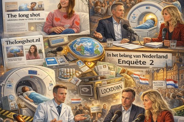 Kleurrijke cartooncollage over de nasleep van de coronaperiode met een interview over vaccinatieschade, politieke debatten, rechtbankdocumenten, lockdownprotesten, medische scans en geldstromen rond testbeleid.