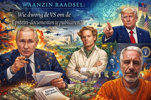 Kleurrijke politieke cartoon met wereldleiders, oorlogsscènes, geld en de titel “Waanzin Raadsel: Wie dwong de VS om de Epstein-documenten te publiceren?”, waarin macht, media en geopolitiek centraal staan.