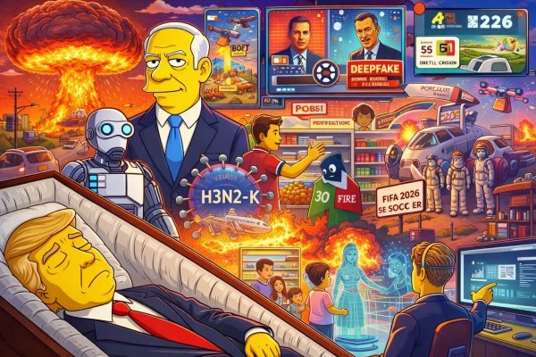 Kleurrijke cartoon in Simpsons-stijl waarin thema’s uit YouTube-analyses van Secrets Cachés en The Unseen samenkomen: robotisering, deepfake, hersenchip, pandemie H3N2-K, economische crisis, ruimtetoerisme, extreme branden, geopolitieke spanningen en een bord “FIFA 2026”, met op de voorgrond een Trump-figuur in een kist en op de achtergrond een nucleaire explosie.
