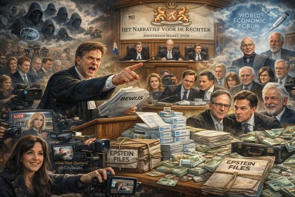 Kleurrijke, fotoachtige cartoon van een rechtszaal in Amsterdam (maart 2026) waarin advocaat Peter Stassen fel pleit tegenover rechters, terwijl diverse publieke figuren, mediapersonen, geldstapels, dossiers met “Epstein Files” en vaccindozen symbolisch in één dramatische compositie zijn verwerkt.
