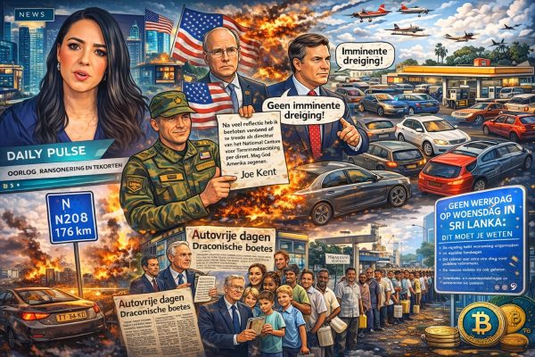 Cartoonachtige illustratie van een nieuwsuitzending over geopolitieke spanningen, brandstofrantsoenering, autovrije dagen, vaccinbeleid, digitale valuta en wachtrijen voor brandstof in meerdere landen.