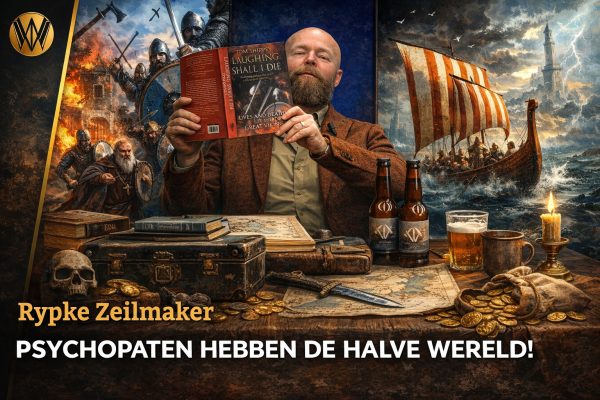 Rypke Zeilmaker toont boek over Vikingen terwijl scènes van Vikinggeweld, plundering en expansie rondom hem zichtbaar zijn