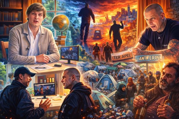 Cartoonachtige collage van een interviewsetting met twee mannen aan tafel, gecombineerd met scènes van stedelijke problematiek zoals migratiekampen, straatinteracties, verslaving en spanningen in Europese steden.