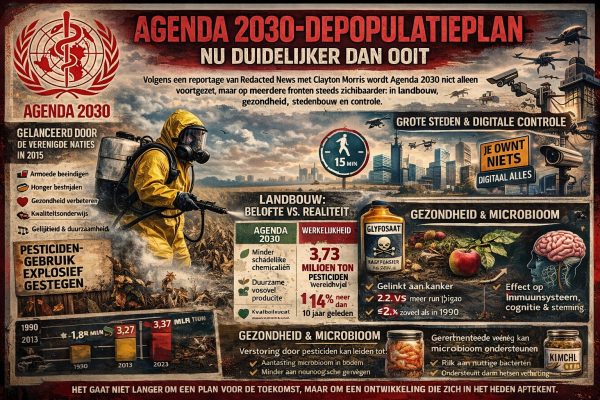 Infografische cartoon over Agenda 2030 met thema’s als pesticidengebruik, landbouw, gezondheid, microbioom, 15-minutensteden en digitale controle, gebaseerd op een reportage van Redacted News met Clayton Morris.
