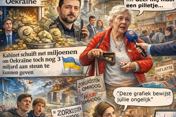 Fotorealistische cartoon van Nederlandse politieke situatie met miljardensteun aan Oekraïne, stijgende kosten voor burgers, klimaatdebat en een oudere vrouw die haar lege portemonnee toont terwijl ze zegt “geef mij maar een pilletje”