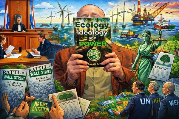 Cartoonachtige illustratie van Rypke Zeilmaker met het boek Ecology, Ideology and Power in een rechtszaalomgeving met windturbines, juridische symbolen en verwijzingen naar milieu- en natuurdebat.