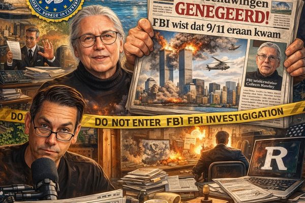 Cartoonachtige collage met FBI-klokkenluider Coleen Rowley, een verdachte pilootstudent, de Twin Towers tijdens 9/11, FBI-documenten met afgewezen warrants en Redacted News-presentatie, die de gemiste waarschuwingen en informatieblokkades rond de aanslagen verbeelden.