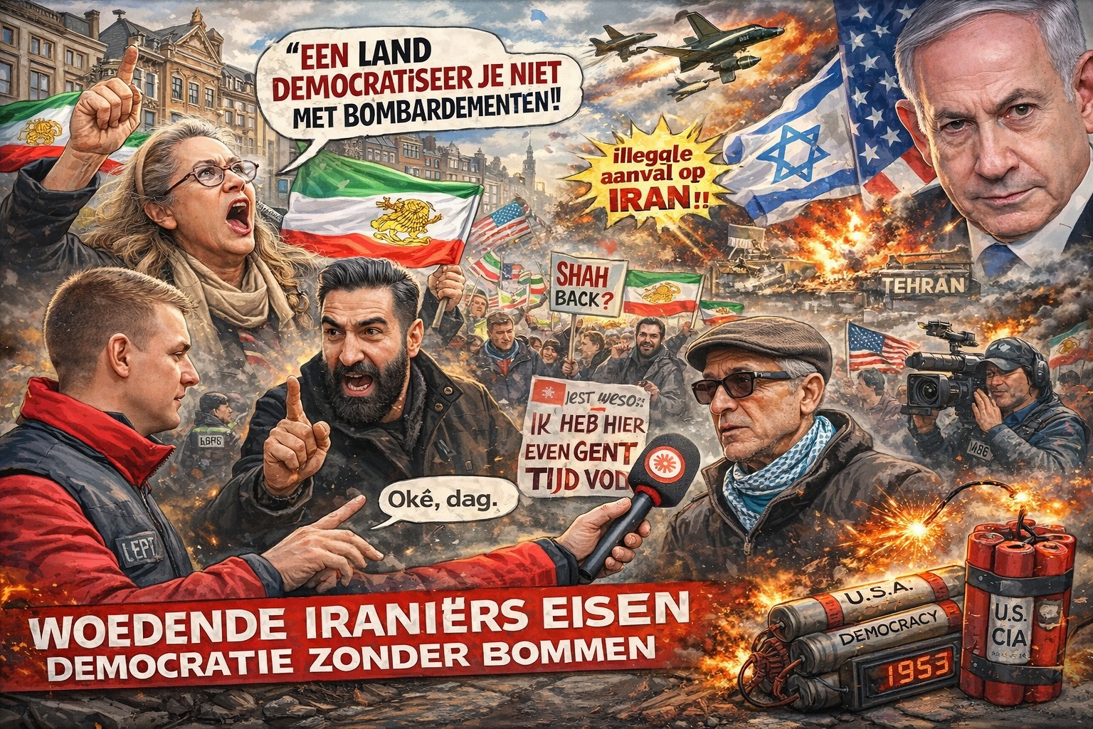 Fotoachtige politieke cartoon van een protest in Amsterdam tegen Amerikaanse en Israëlische aanvallen op Iran, met demonstranten, Iraanse vlaggen, een NOS-interview en bombardementen op de achtergrond.