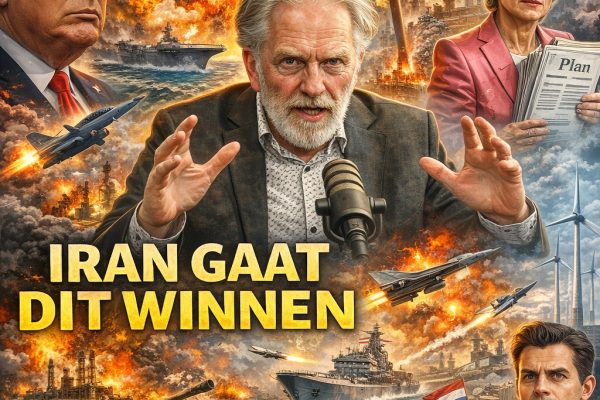 Politieke cartoon over geopolitieke spanningen rond Iran met Kees de Kort, Donald Trump, Ursula von der Leyen, oorlogsscènes, energiepolitiek, goud en economische thema’s.