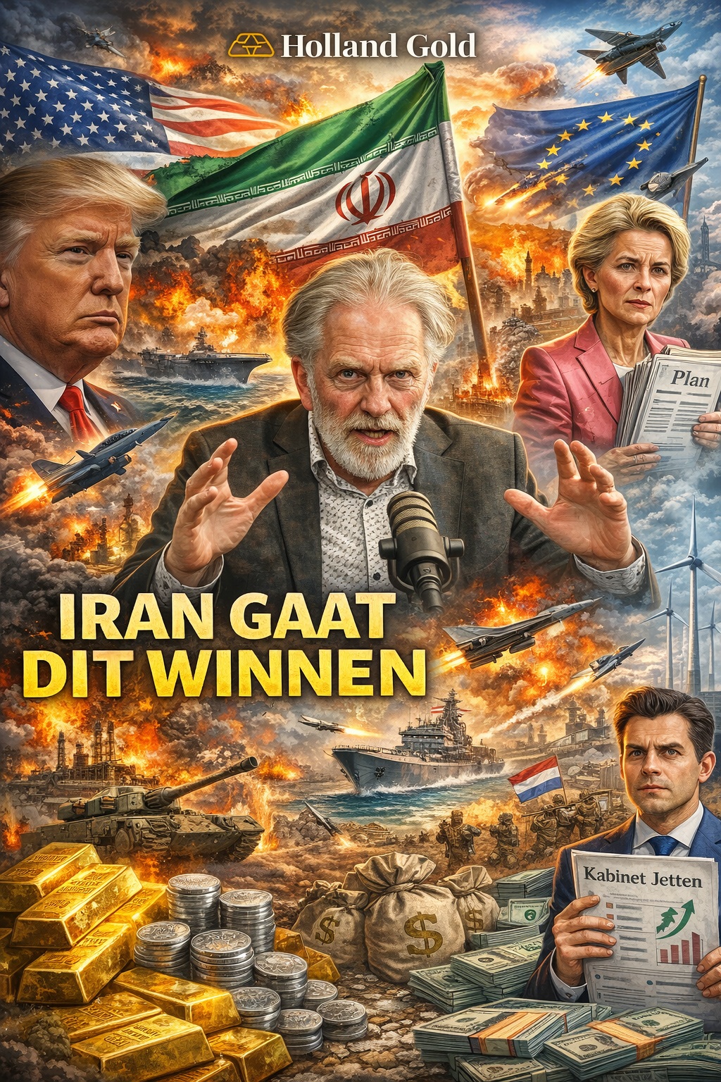 Politieke cartoon over geopolitieke spanningen rond Iran met Kees de Kort, Donald Trump, Ursula von der Leyen, oorlogsscènes, energiepolitiek, goud en economische thema’s.