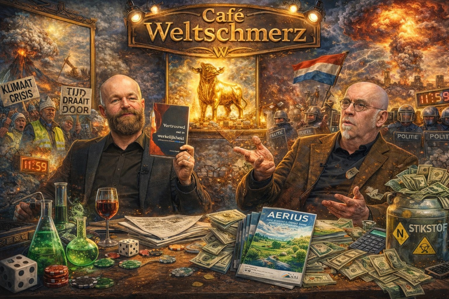 Cartoonachtige studio van Café Weltschmerz met twee mannen in gesprek, een boek getiteld “Vertrouwd met de werkelijkheid”, een gouden kalf, AERIUS-rapporten, stikstofvat, dobbelstenen, geld, protestborden over klimaat en politie op de achtergrond.