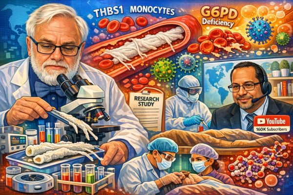 Cartoonachtige illustratie van onderzoekers die witte vezelige bloedklonten bestuderen, met afbeeldingen van bloedvaten, rode bloedcellen, THBS1-monocyten, G6PD-deficiëntie en laboratoriumonderzoek, gebaseerd op een YouTube-presentatie over de mysterieuze “embalmers’ white clots”.