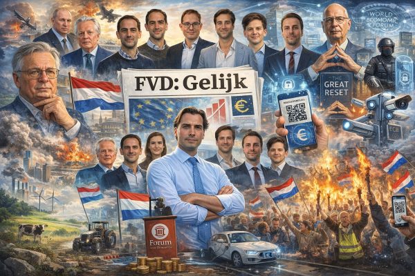 Kleurrijke politieke cartoon met Thierry Baudet en FVD-Kamerleden, omringd door symbolen van geopolitiek, EU, digitale euro, QR-codes, protesten, energiebeleid en globalisering.