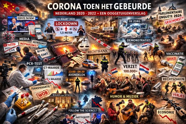 Fotoachtige, kleurrijke collage over de coronaperiode in Nederland (2020–2022) met lockdown, zorg, PCR-testen, avondklok, demonstraties, rechtspraak, vaccinatie en media, gebaseerd op de serie “Corona toen het gebeurde”.