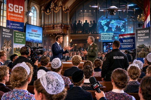 Politiek debat en spanningen tijdens SGP Jongerendag met spreker en publiek in kerkelijke setting.