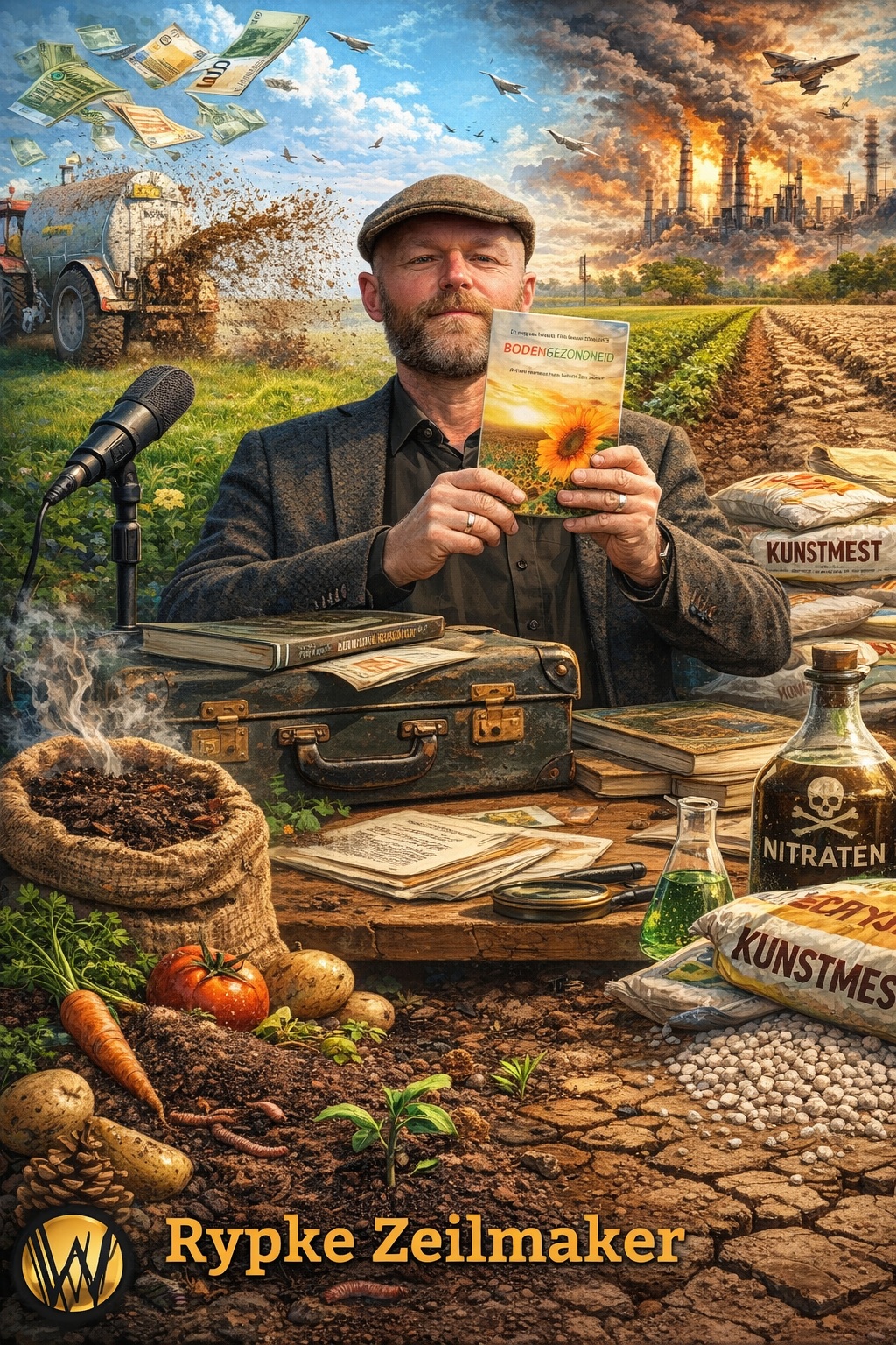 Rypke Zeilmaker houdt een boek over bodemgezondheid vast, omringd door beelden van landbouw, kunstmest en contrast tussen vruchtbare en uitgeputte grond.