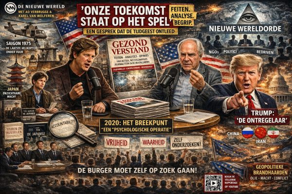 Illustratieve collage van een gesprek bij De Nieuwe Wereld tussen Ad Verbrugge en Karel van Wolferen, omringd door thema’s als geopolitiek, media, journalistiek, oorlog, technologie en maatschappelijke ontwikkelingen.