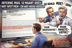 Cartoonachtige illustratie van een interne mail van 12 maart 2021 over vaccinatie en transmissie, met een kijker die het document leest en twee figuren die publiekelijk vaccinatie promoten, wat spanning laat zien tussen interne informatie en externe communicatie.