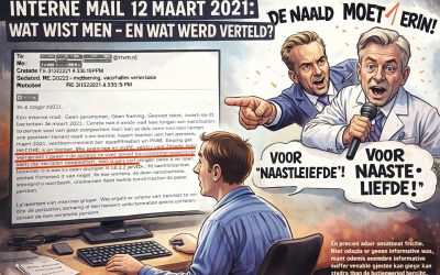 Cartoonachtige illustratie van een interne mail van 12 maart 2021 over vaccinatie en transmissie, met een kijker die het document leest en twee figuren die publiekelijk vaccinatie promoten, wat spanning laat zien tussen interne informatie en externe communicatie.