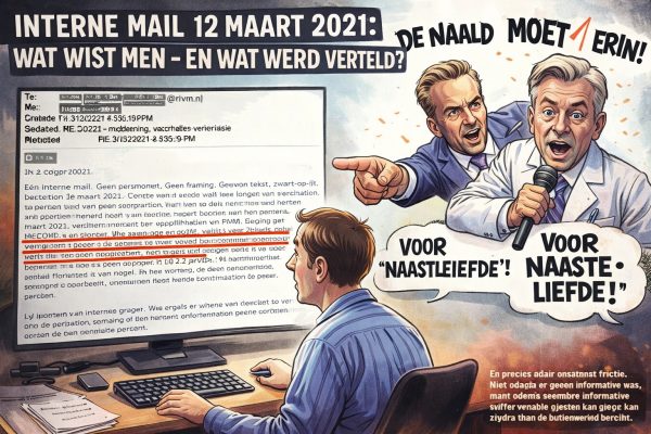 Cartoonachtige illustratie van een interne mail van 12 maart 2021 over vaccinatie en transmissie, met een kijker die het document leest en twee figuren die publiekelijk vaccinatie promoten, wat spanning laat zien tussen interne informatie en externe communicatie.