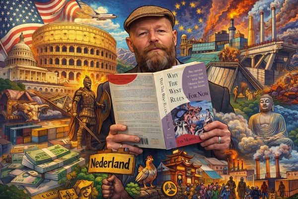 Cartoonachtige illustratie van Rypke Zeilmaker die het boek “Why the West Rules—For Now” leest, omringd door symbolen van geopolitiek, energie, industrie, migratie en de machtsverschuiving tussen West en Oost.
