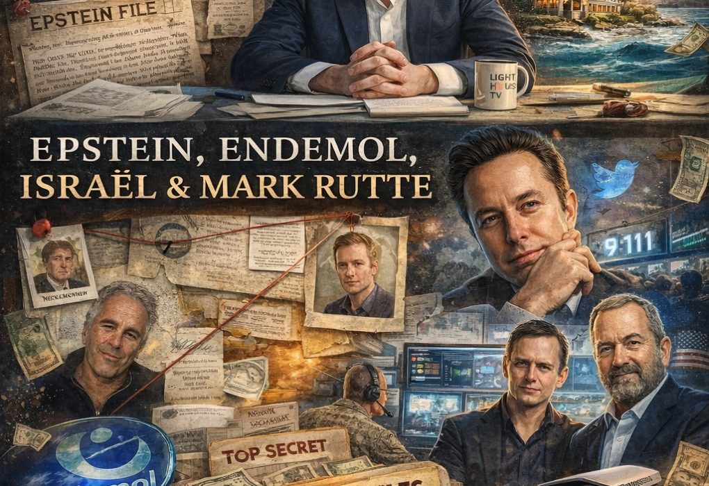 Cartoonachtige collage van Epstein-files met Mark Rutte, Endemol-logo, Jeffrey Epstein en diverse documenten en netwerken die geopolitieke en financiële verbanden suggereren