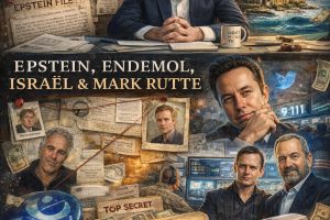 Cartoonachtige collage van Epstein-files met Mark Rutte, Endemol-logo, Jeffrey Epstein en diverse documenten en netwerken die geopolitieke en financiële verbanden suggereren