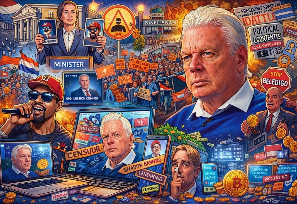 Cartoonachtige illustratie waarin een oudere spreker centraal staat, omringd door protesten, politieke symbolen, digitale schermen en elementen van censuur, vrijheid van meningsuiting en controle.