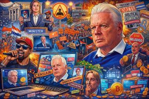 Cartoonachtige illustratie waarin een oudere spreker centraal staat, omringd door protesten, politieke symbolen, digitale schermen en elementen van censuur, vrijheid van meningsuiting en controle.