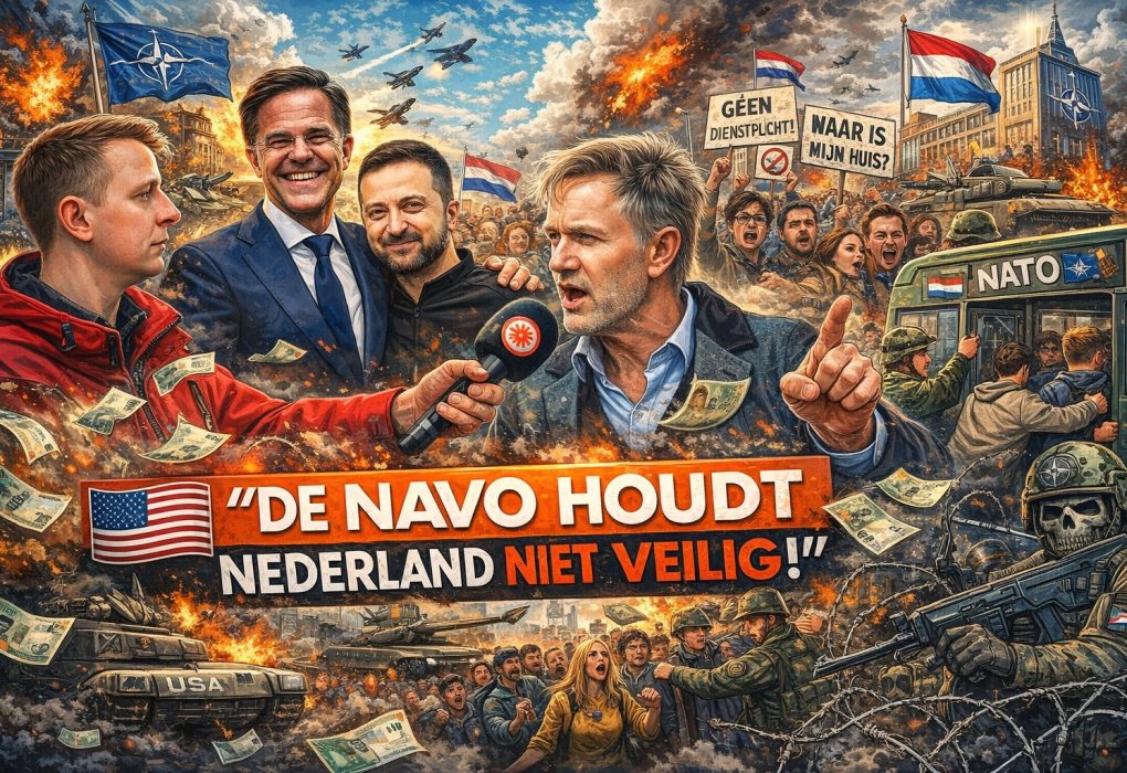 Kleurrijke politieke cartoon van protest in Den Haag tegen militarisering, met demonstranten, militairen, NAVO-symboliek, geldstromen en een interviewscene op de voorgrond.