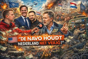 Kleurrijke politieke cartoon van protest in Den Haag tegen militarisering, met demonstranten, militairen, NAVO-symboliek, geldstromen en een interviewscene op de voorgrond.