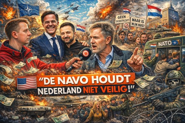 Kleurrijke politieke cartoon van protest in Den Haag tegen militarisering, met demonstranten, militairen, NAVO-symboliek, geldstromen en een interviewscene op de voorgrond.