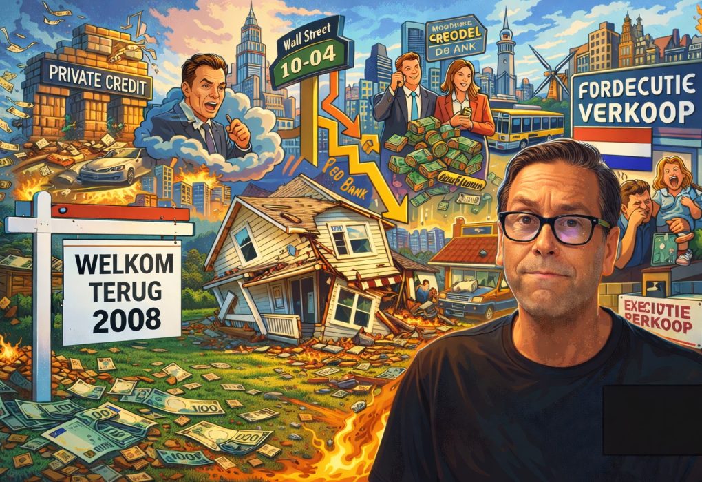 Cartoon van financiële crisis met instortend huis, bord “Welkom terug 2008”, Wall Street en private credit thema’s.