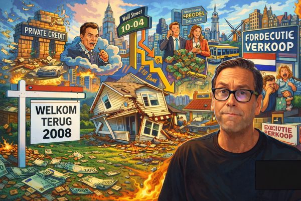 Cartoon van financiële crisis met instortend huis, bord “Welkom terug 2008”, Wall Street en private credit thema’s.