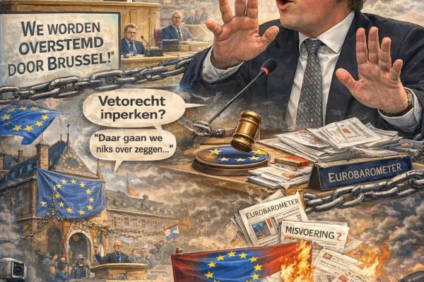 Cartoonachtige afbeelding van Pepijn van Houwelingen in de Tweede Kamer met kritiek op EU-uitbreiding, het vetorecht en invloed van Brussel, omringd door symbolen zoals EU-vlaggen, documenten en ketens die nationale besluitvorming verbeelden.