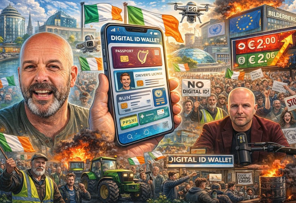 Cartoonachtige collage van Ivor Cummins, protesten in Ierland en een digitale ID-wallet met thema’s als surveillance, stijgende brandstofprijzen en maatschappelijke onrust.