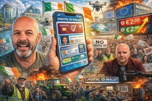 Cartoonachtige collage van Ivor Cummins, protesten in Ierland en een digitale ID-wallet met thema’s als surveillance, stijgende brandstofprijzen en maatschappelijke onrust.