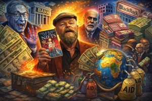 Cartoon van financieel systeem waarin geldcreatie, schulden en ontwikkelingshulp samenkomen, met bankiers, geldstromen en wereldbol als symbolen.