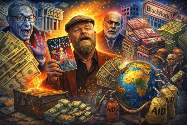 Cartoon van financieel systeem waarin geldcreatie, schulden en ontwikkelingshulp samenkomen, met bankiers, geldstromen en wereldbol als symbolen.