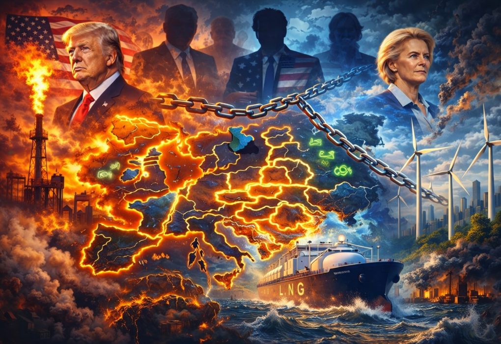 Geopolitieke illustratie van energieafhankelijkheid met Europa, gasleidingen en mondiale machtssymboliek.