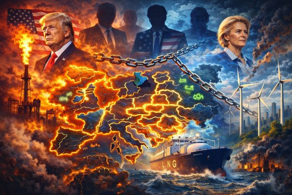 Geopolitieke illustratie van energieafhankelijkheid met Europa, gasleidingen en mondiale machtssymboliek.