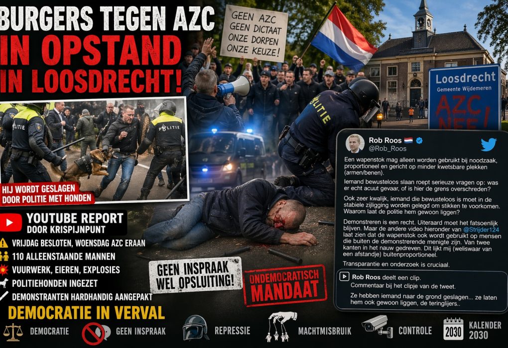 Protest in Loosdrecht tegen AZC met politie-inzet, ME, politiehonden en demonstranten bij voormalig gemeentehuis.