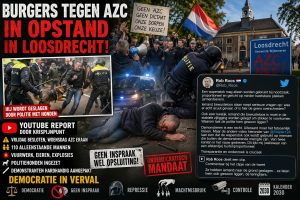 Protest in Loosdrecht tegen AZC met politie-inzet, ME, politiehonden en demonstranten bij voormalig gemeentehuis.