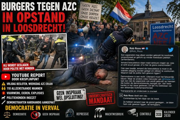 Protest in Loosdrecht tegen AZC met politie-inzet, ME, politiehonden en demonstranten bij voormalig gemeentehuis.